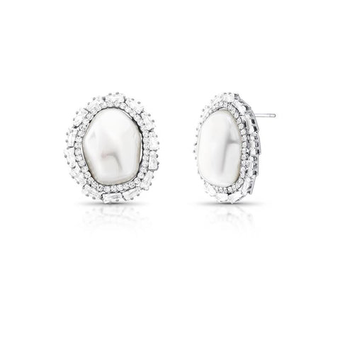 Brinco Pérola Shell Oval com Zirconias ao Redor Brinco Pérola Shell Oval com Zirconias ao Redor