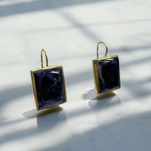 Brinco Anzol Pedra Retangular Lápis Lazuli